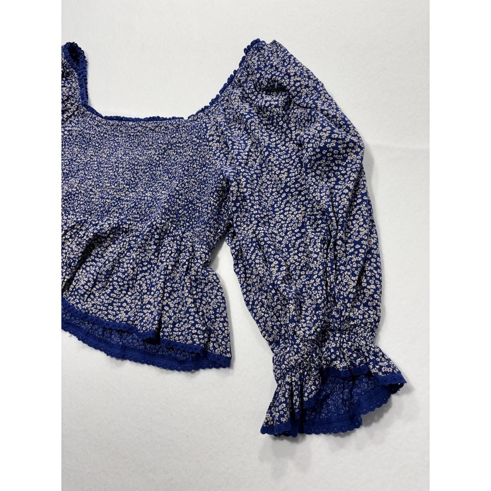 Free People Blouse Womens Large Blue Floral Off Shoulder Smocked Crop Top Boho - Picture 14 of 14